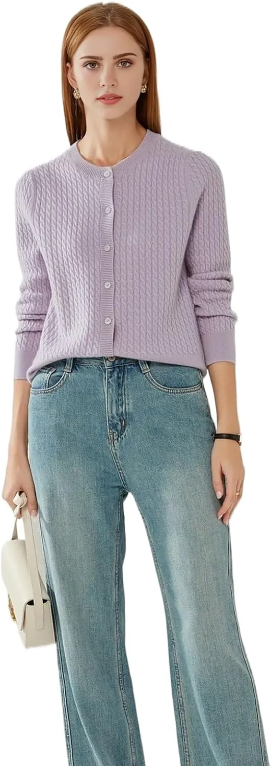 100% Cashmere Women's Cable Knit Cardigan Sweaters for Women Long Sleeve Crew Neck Warm Button Down