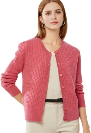 100% Cashmere Women's Cable Knit Cardigan Sweaters for Women Long Sleeve Crew Neck Warm Button Down