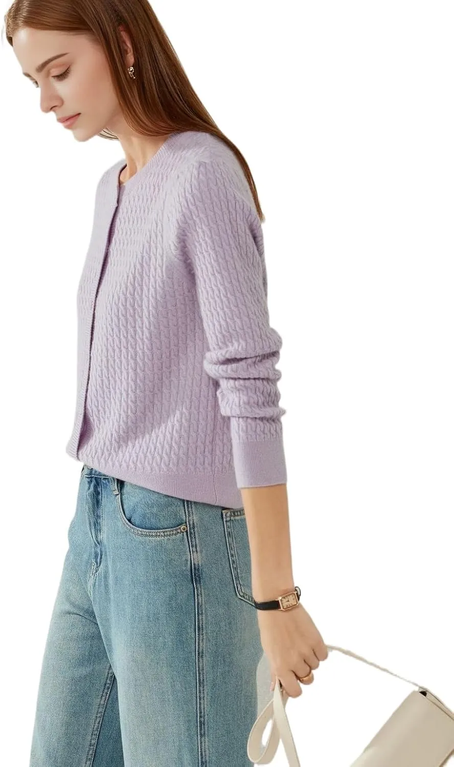 100% Cashmere Women's Cable Knit Cardigan Sweaters for Women Long Sleeve Crew Neck Warm Button Down