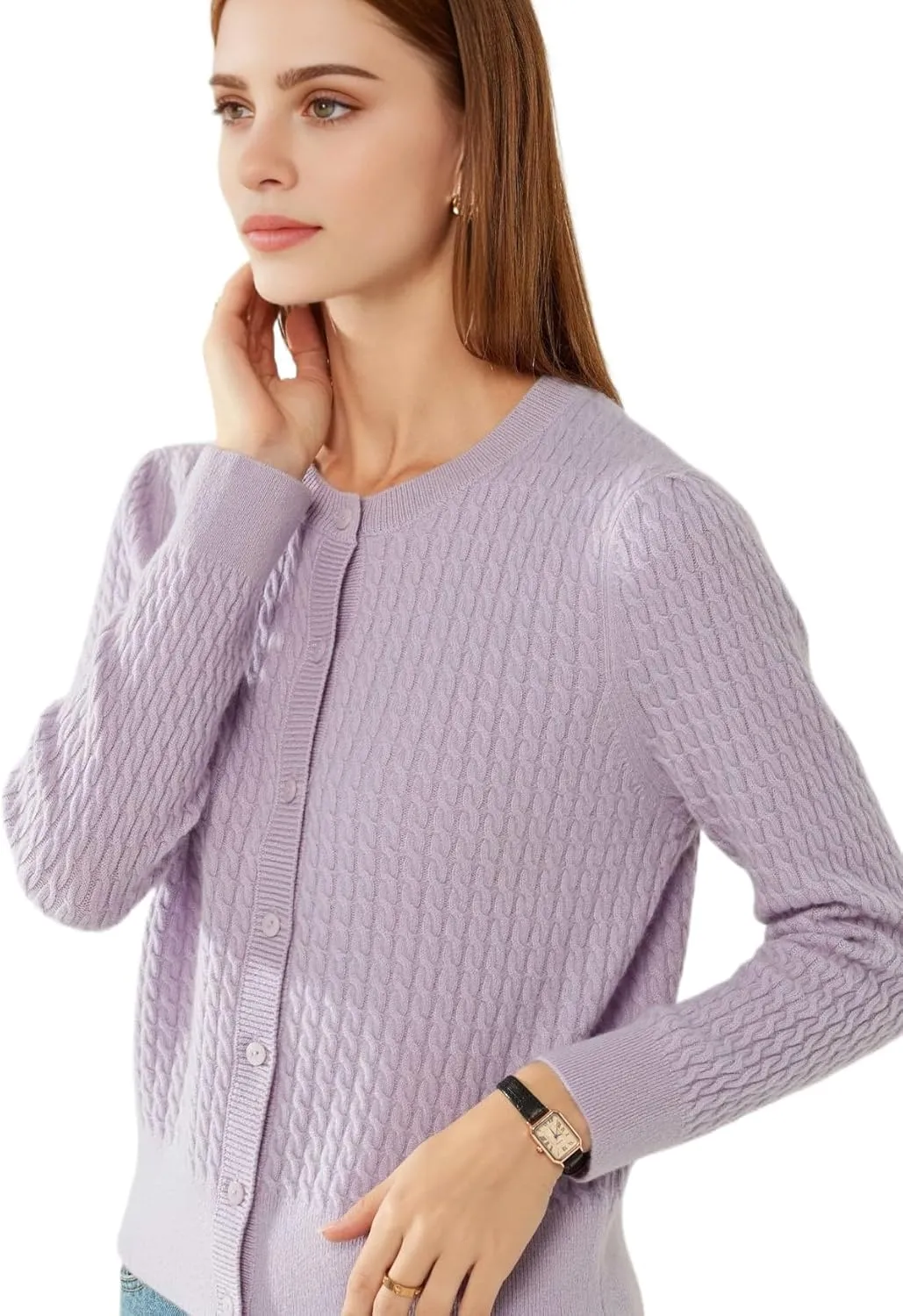 100% Cashmere Women's Cable Knit Cardigan Sweaters for Women Long Sleeve Crew Neck Warm Button Down