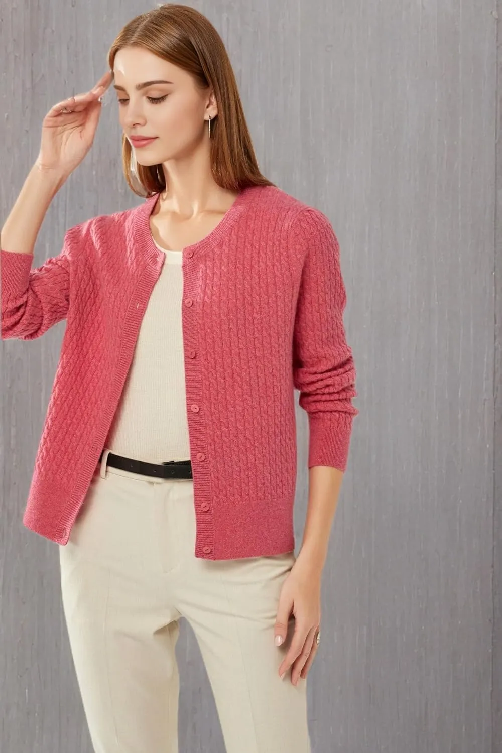 100% Cashmere Women's Cable Knit Cardigan Sweaters for Women Long Sleeve Crew Neck Warm Button Down