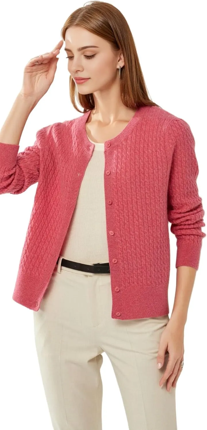 100% Cashmere Women's Cable Knit Cardigan Sweaters for Women Long Sleeve Crew Neck Warm Button Down