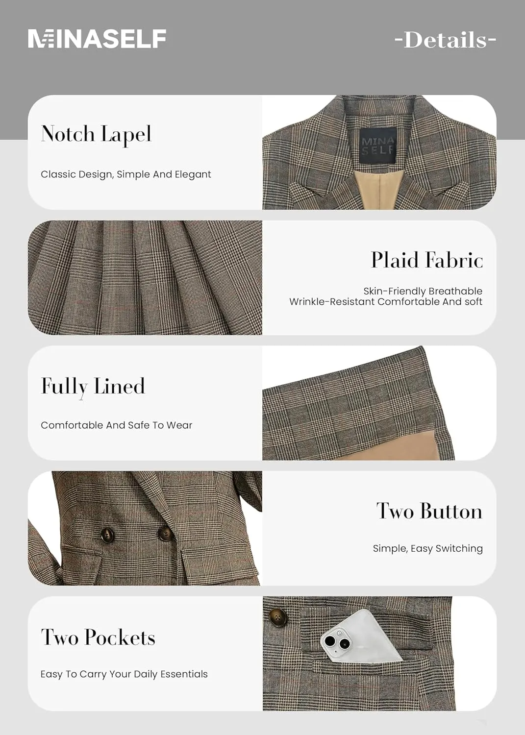 2025 Women's Spring Fall Plaid Houndstooth Blazer Jacket Button Notch-Lapel Business Casual Elegant Work Suit with Pockets