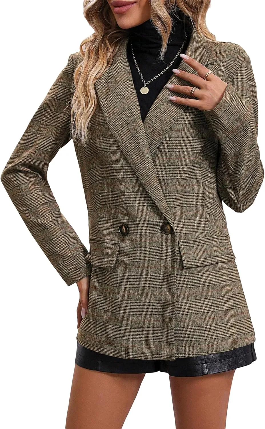 2025 Women's Spring Fall Plaid Houndstooth Blazer Jacket Button Notch-Lapel Business Casual Elegant Work Suit with Pockets
