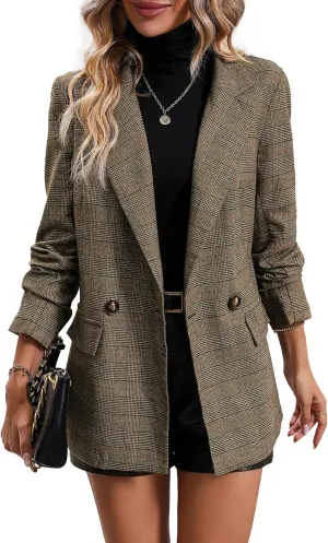 2025 Women's Spring Fall Plaid Houndstooth Blazer Jacket Button Notch-Lapel Business Casual Elegant Work Suit with Pockets