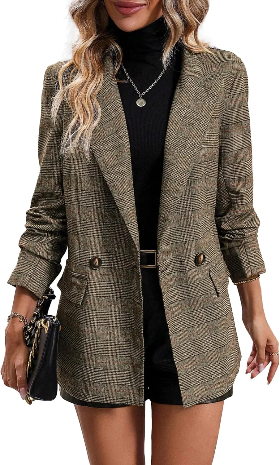 2025 Women's Spring Fall Plaid Houndstooth Blazer Jacket Button Notch-Lapel Business Casual Elegant Work Suit with Pockets