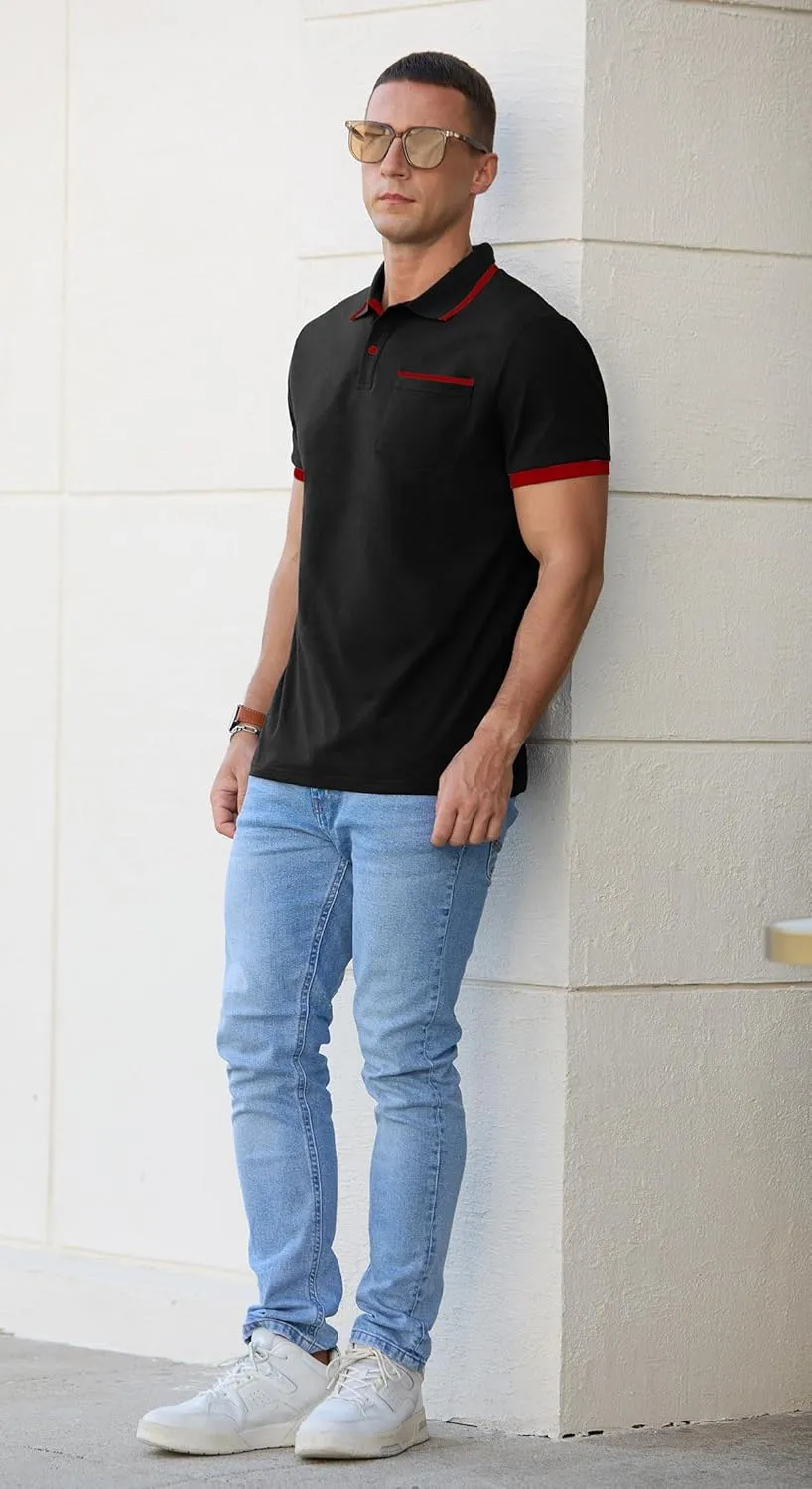 Askdeer Men's Polo Shirts Cotton Short Sleeve Polo T Shirt Classic Casual Golf Collar Tee with Pocket