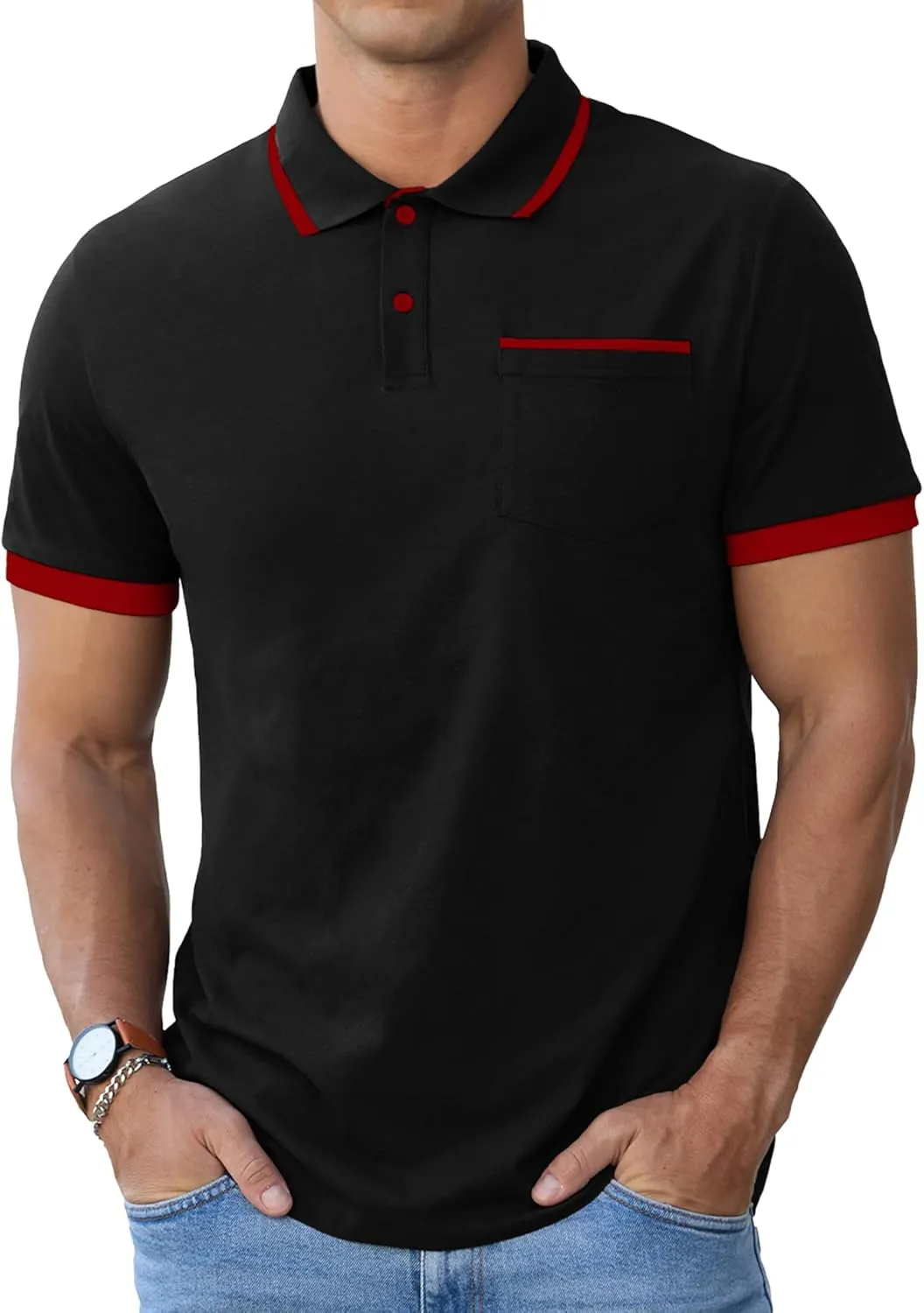 Askdeer Men's Polo Shirts Cotton Short Sleeve Polo T Shirt Classic Casual Golf Collar Tee with Pocket
