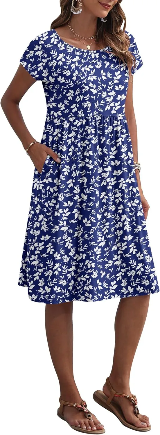 AUSELILY Women's Summer Short Sleeve Knee-Length Dresses Round Neck Loose Dress with Pockets 2025 New
