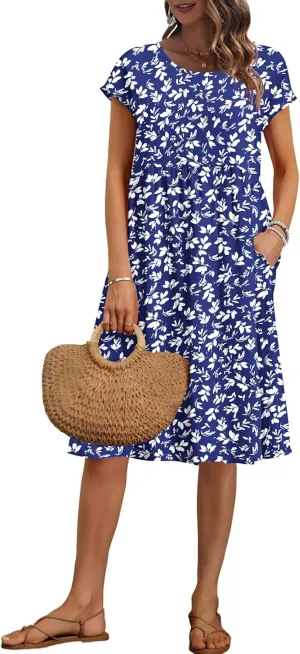 AUSELILY Women's Summer Short Sleeve Knee-Length Dresses Round Neck Loose Dress with Pockets 2025 New