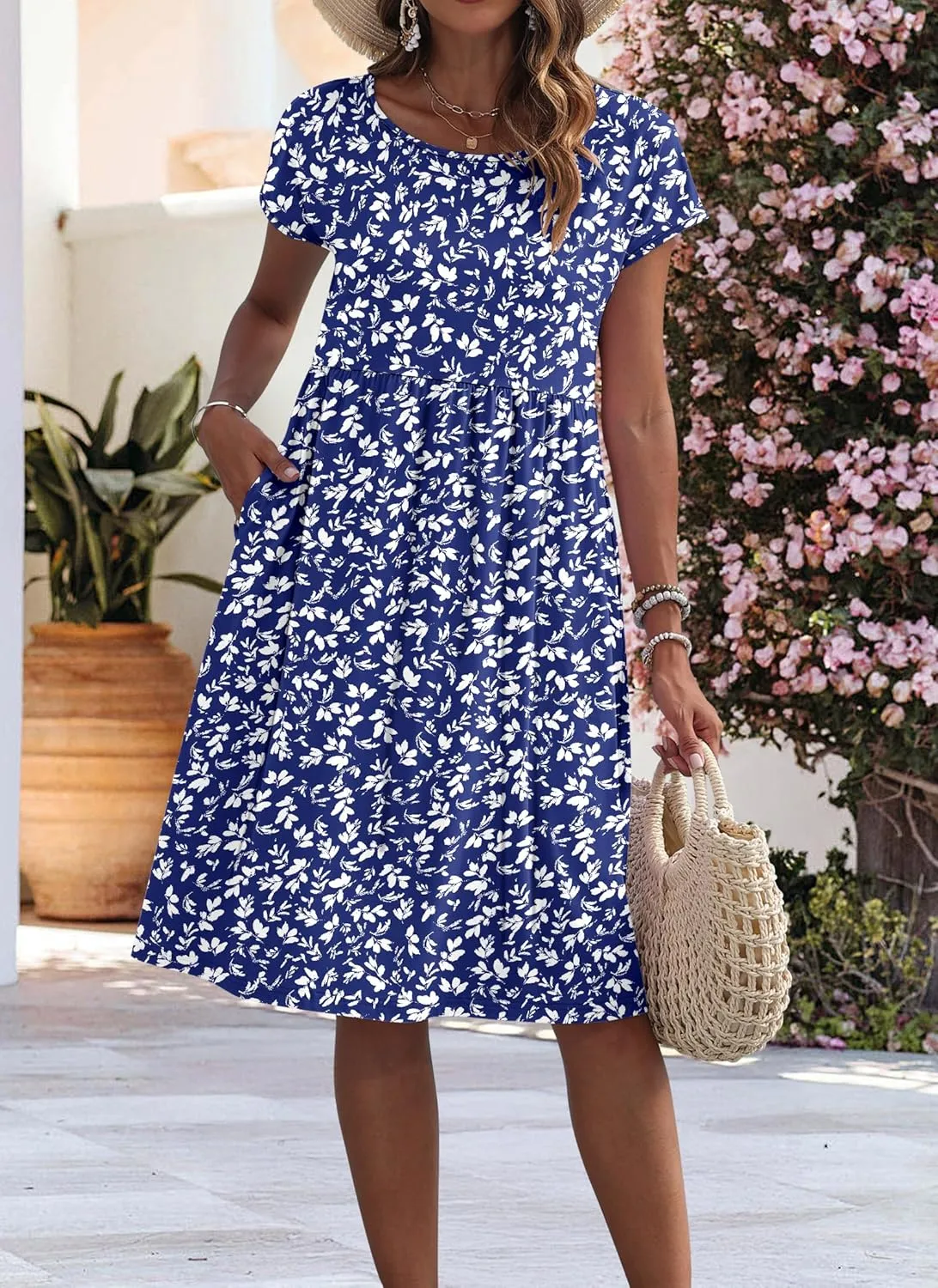 AUSELILY Women's Summer Short Sleeve Knee-Length Dresses Round Neck Loose Dress with Pockets 2025 New