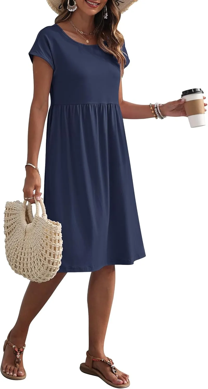 AUSELILY Women's Summer Short Sleeve Knee-Length Dresses Round Neck Loose Dress with Pockets 2025 New