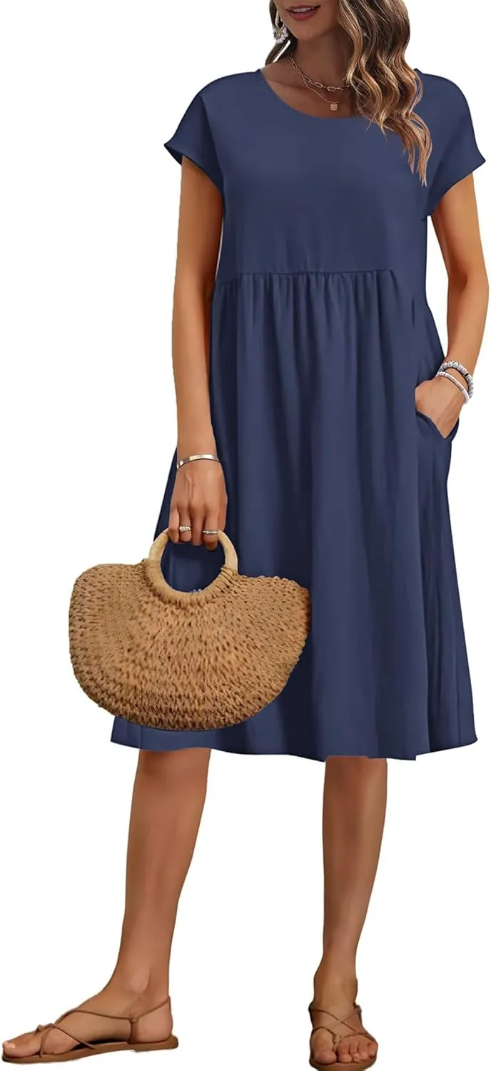 AUSELILY Women's Summer Short Sleeve Knee-Length Dresses Round Neck Loose Dress with Pockets 2025 New