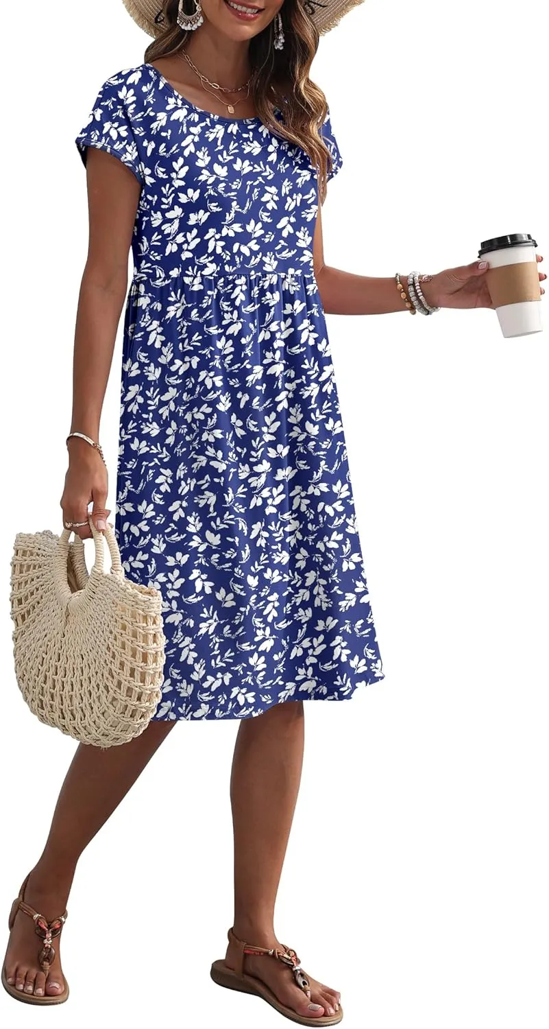 AUSELILY Women's Summer Short Sleeve Knee-Length Dresses Round Neck Loose Dress with Pockets 2025 New