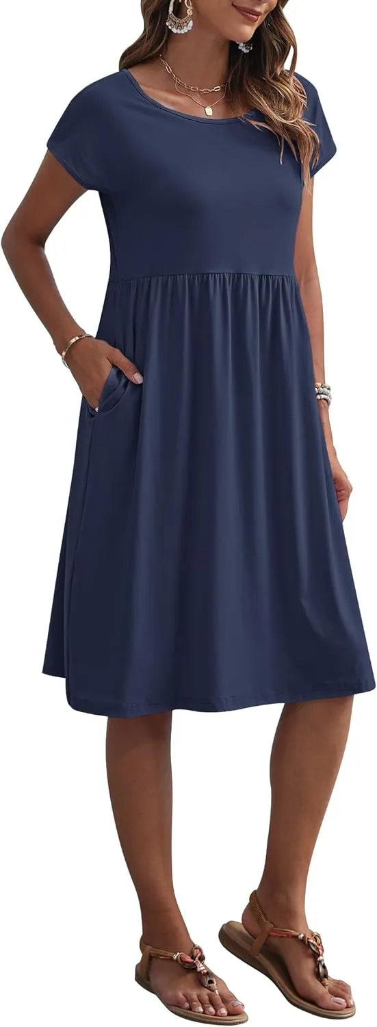 AUSELILY Women's Summer Short Sleeve Knee-Length Dresses Round Neck Loose Dress with Pockets 2025 New