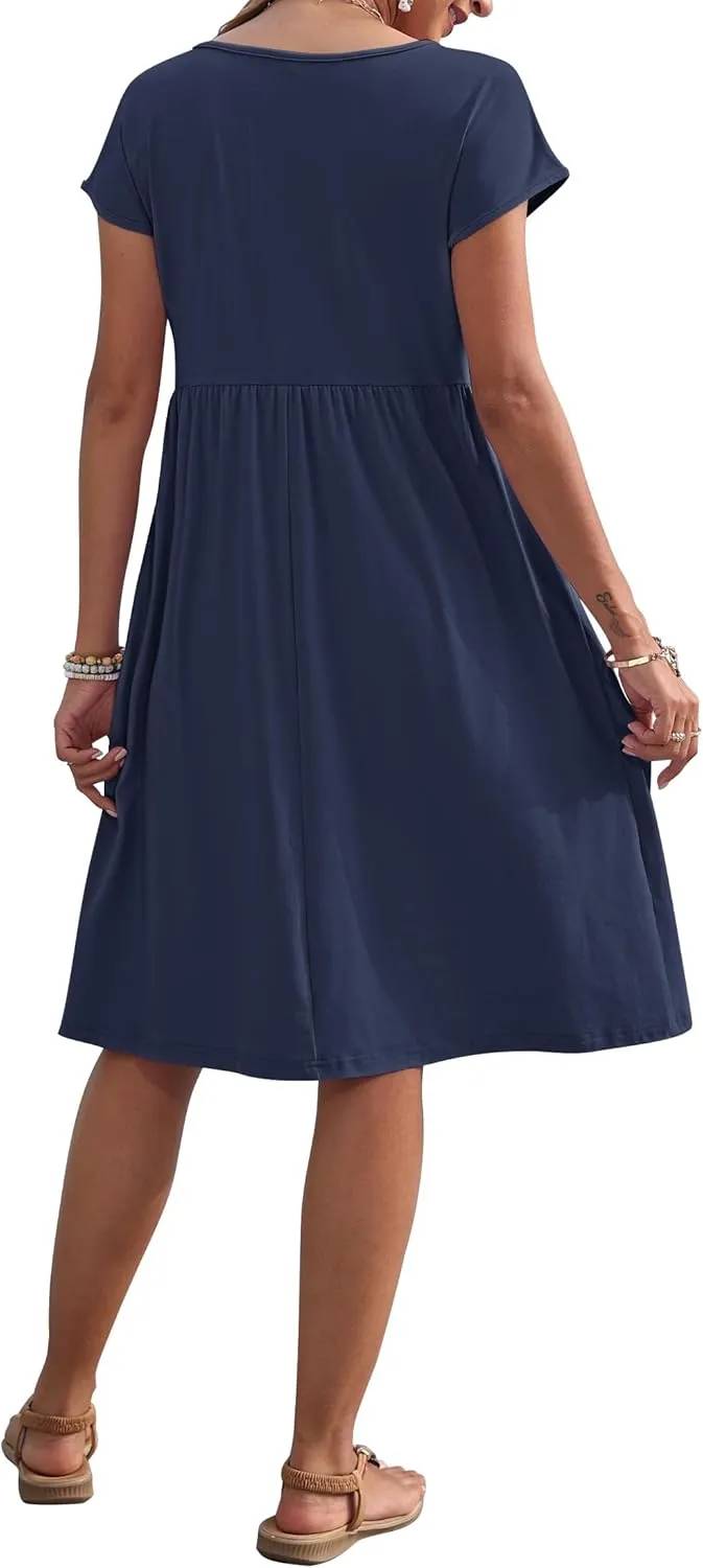 AUSELILY Women's Summer Short Sleeve Knee-Length Dresses Round Neck Loose Dress with Pockets 2025 New