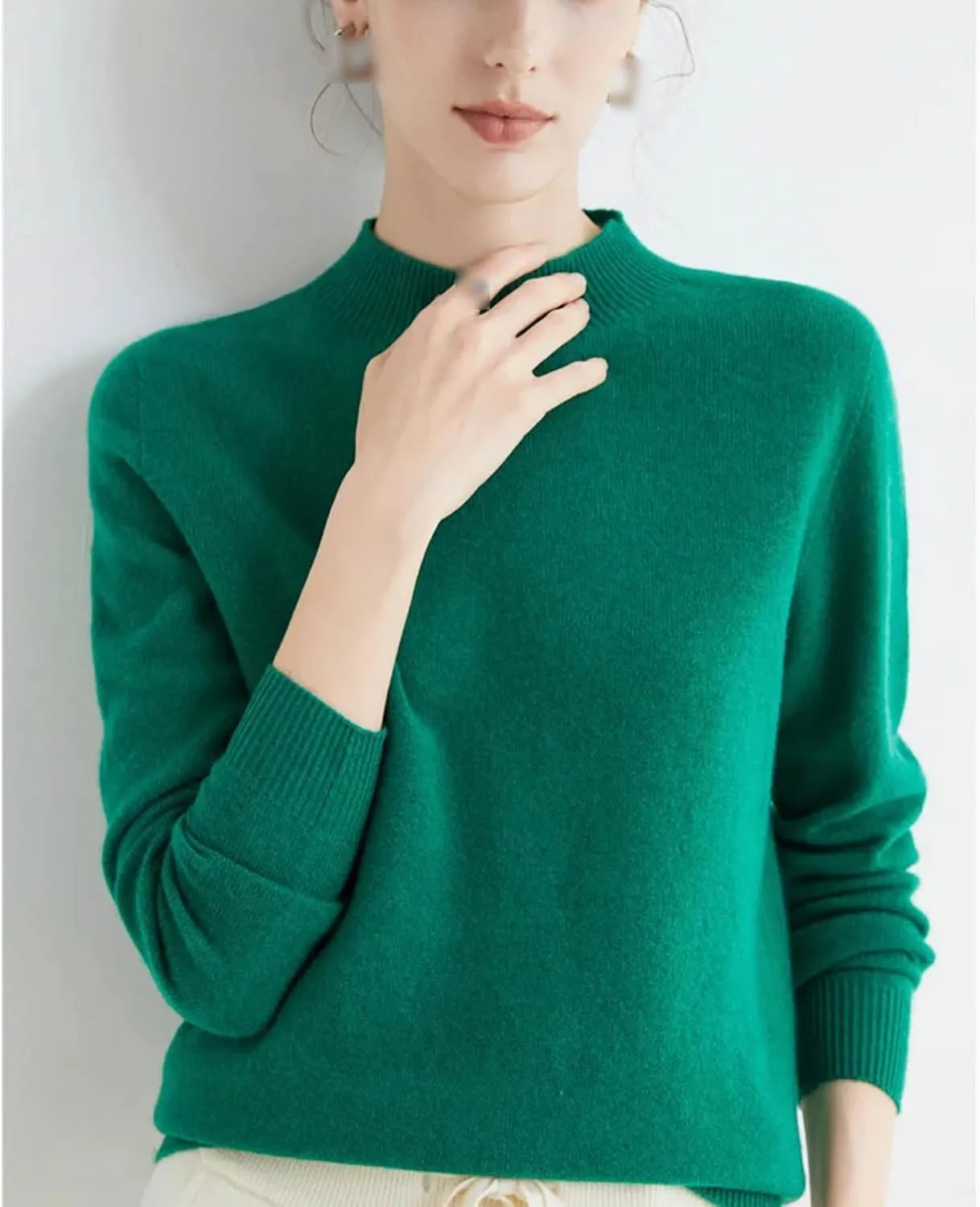 Autumn Winter Solid Mock-Neck Pullover Sweater for Women Merino Wool Casual Cashmere Knitwear Female Basic Tops