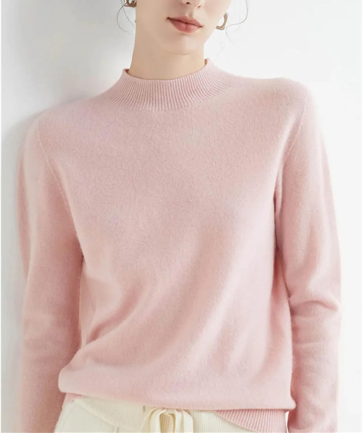 Autumn Winter Solid Mock-Neck Pullover Sweater for Women Merino Wool Casual Cashmere Knitwear Female Basic Tops