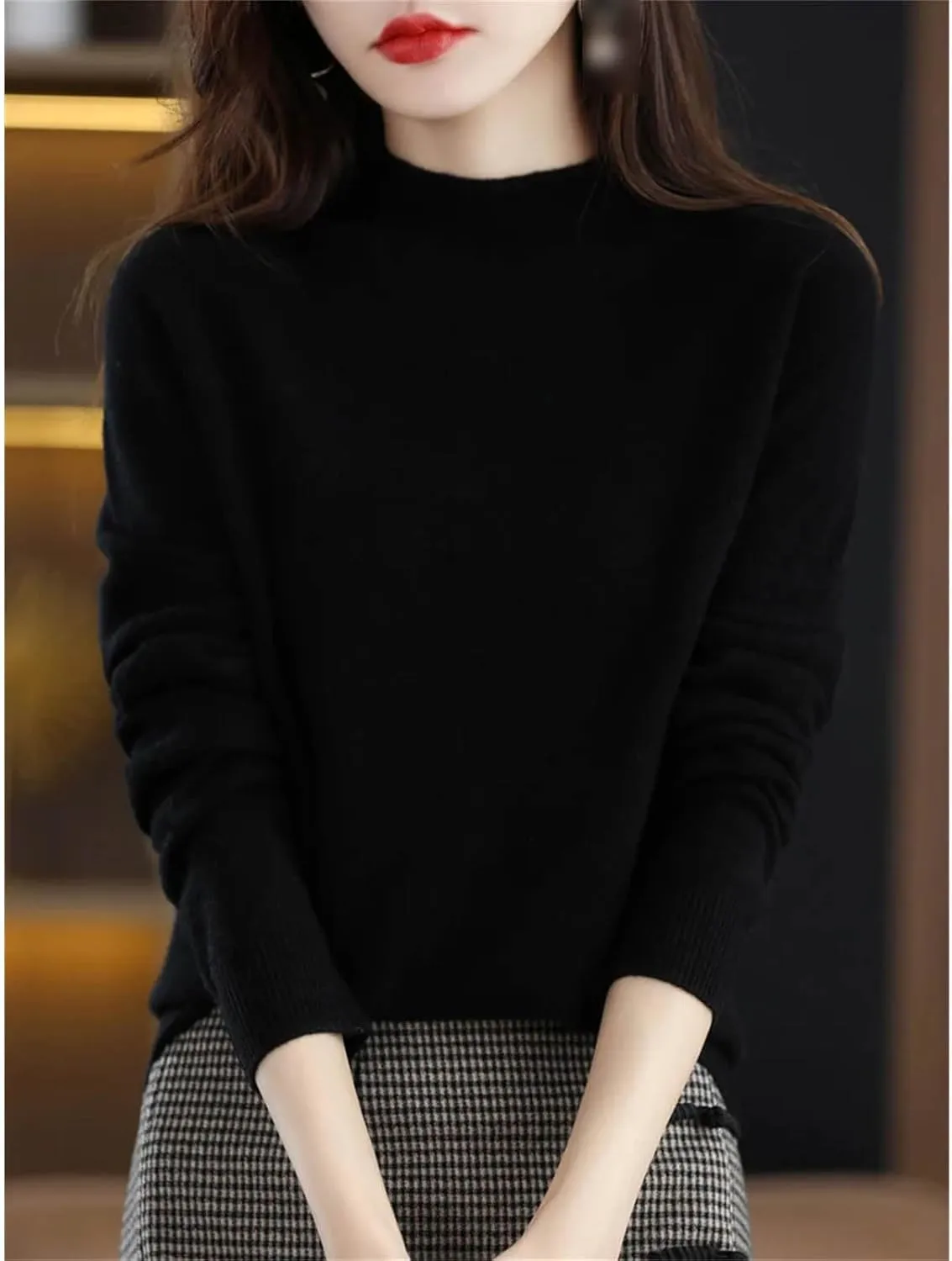 Autumn Winter Solid Mock-Neck Pullover Sweater for Women Merino Wool Casual Cashmere Knitwear Female Basic Tops