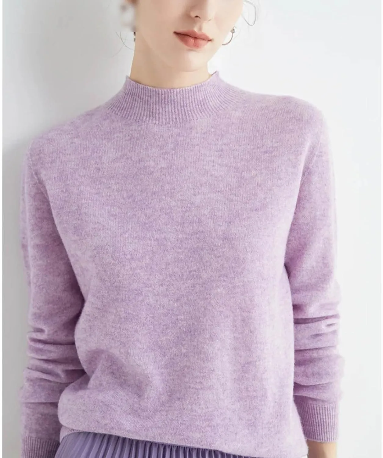 Autumn Winter Solid Mock-Neck Pullover Sweater for Women Merino Wool Casual Cashmere Knitwear Female Basic Tops