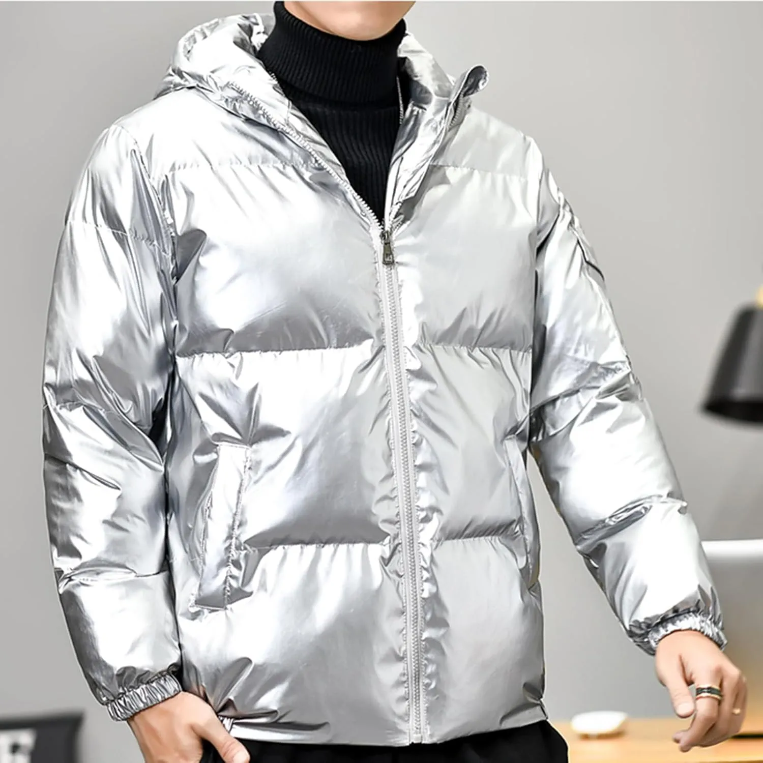 Cambkatl Men's Glossy Padded Winter Coat Metallic Full Zip Down Quilted Puffer Jacket Warm Plus Size Shiny Puffy Outerwear