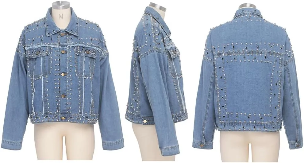 Cropped Denim Jacket for Women Loose Long Sleeves Fitted Stretchy Rivet Pearl Jean Coat