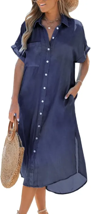 CUPSHE Dress for Women Bell Sleeve Button Down Dress Short Sleeve V Neck Casual Shirt Cover up Dress