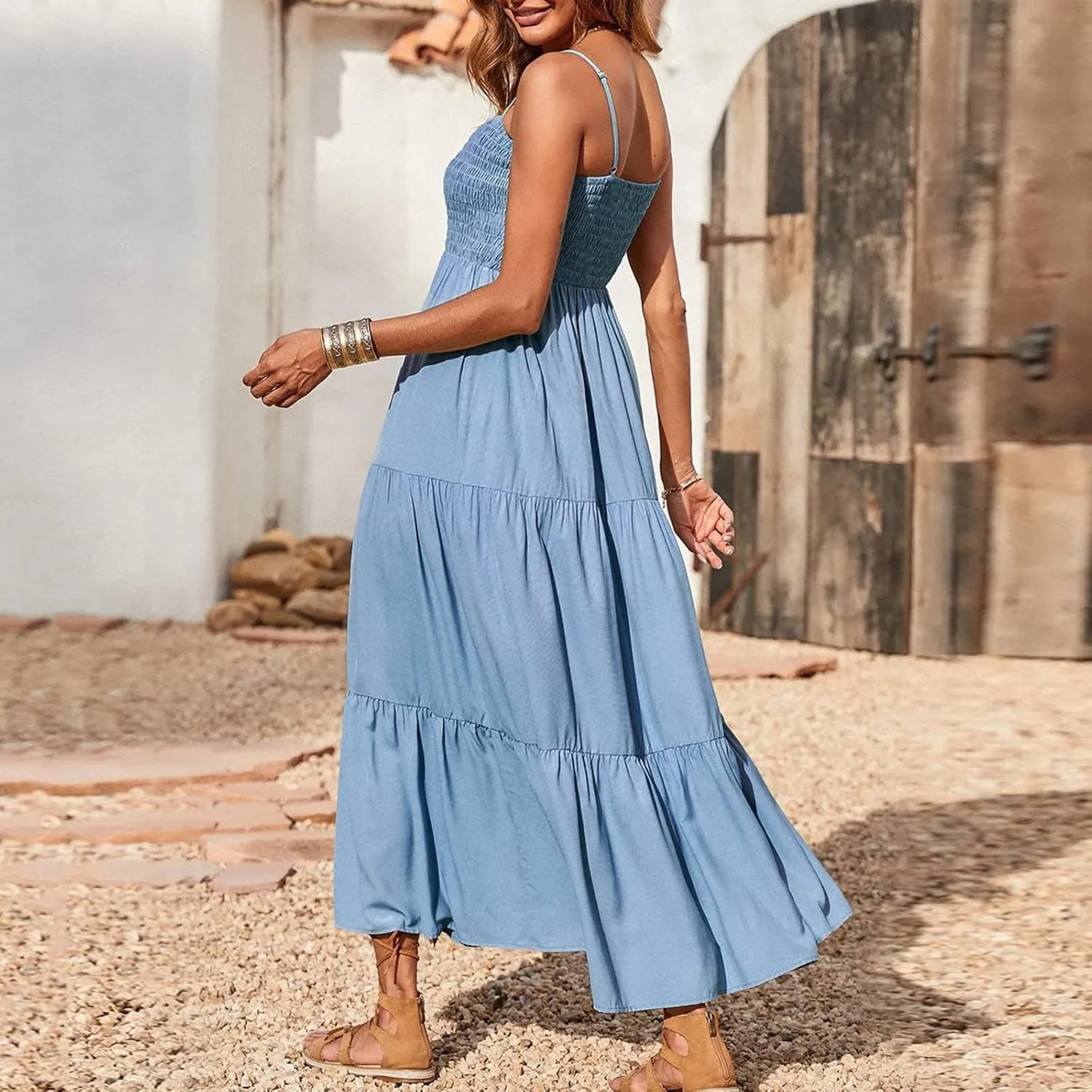 Dresses for Women 2024 Casual Bohemian Spaghetti Strap Smocked Tiered Long Beach Dresses Sleeveless Maxi Dress