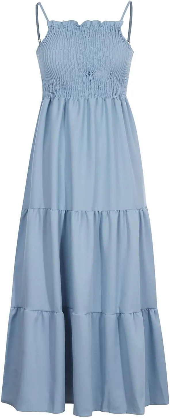 Dresses for Women 2024 Casual Bohemian Spaghetti Strap Smocked Tiered Long Beach Dresses Sleeveless Maxi Dress
