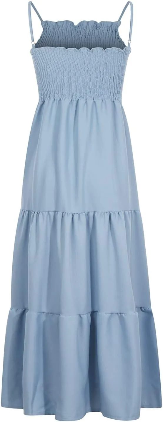 Dresses for Women 2024 Casual Bohemian Spaghetti Strap Smocked Tiered Long Beach Dresses Sleeveless Maxi Dress