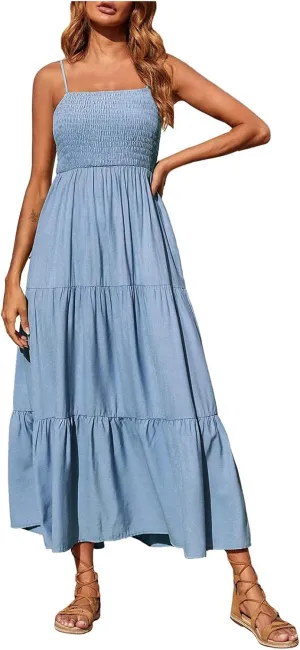 Dresses for Women 2024 Casual Bohemian Spaghetti Strap Smocked Tiered Long Beach Dresses Sleeveless Maxi Dress