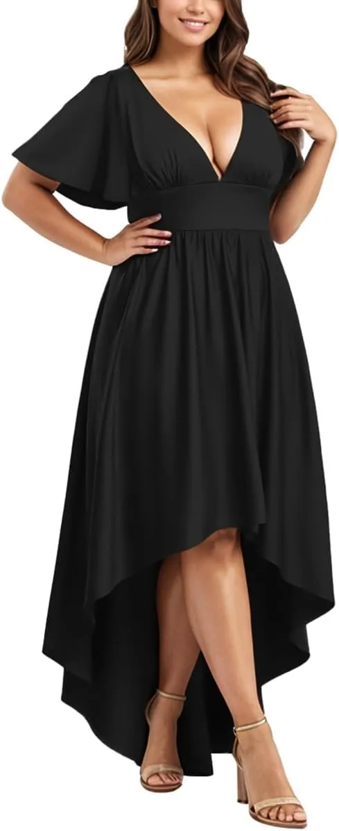 Elegant Dresses Formal Evening Cocktail Long Maxi Wedding Party Dress Sexy V Neck Ruffle Sleeve Hi Low Flowy Gowns