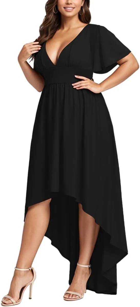 Elegant Dresses Formal Evening Cocktail Long Maxi Wedding Party Dress Sexy V Neck Ruffle Sleeve Hi Low Flowy Gowns