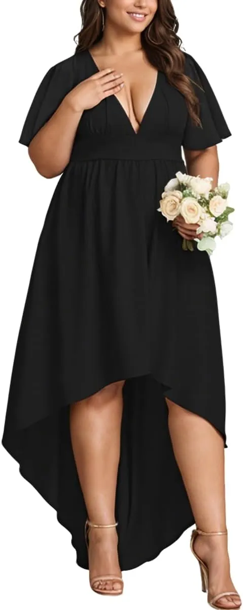 Elegant Dresses Formal Evening Cocktail Long Maxi Wedding Party Dress Sexy V Neck Ruffle Sleeve Hi Low Flowy Gowns
