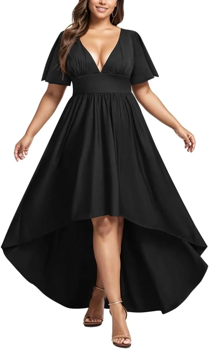 Elegant Dresses Formal Evening Cocktail Long Maxi Wedding Party Dress Sexy V Neck Ruffle Sleeve Hi Low Flowy Gowns