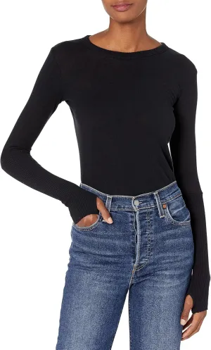 Enza Costa Womens Cashmere Blend Cuffed Crew Top with Thumbholes
