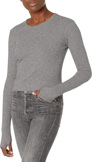 Enza Costa Womens Cashmere Blend Cuffed Crew Top with Thumbholes