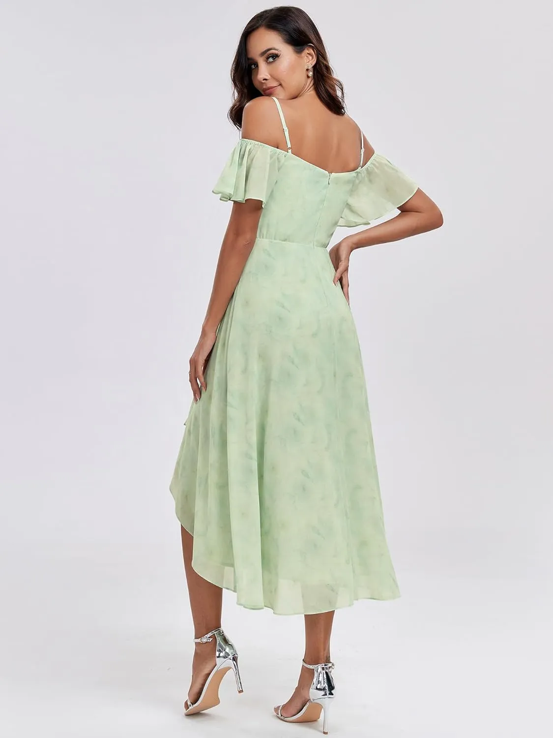 Ever-Pretty Women's Summer Cold Shoulder Hi-Lo Asymmetrical Hem Flowy Chiffon Short Wedding Guest Dress 02103
