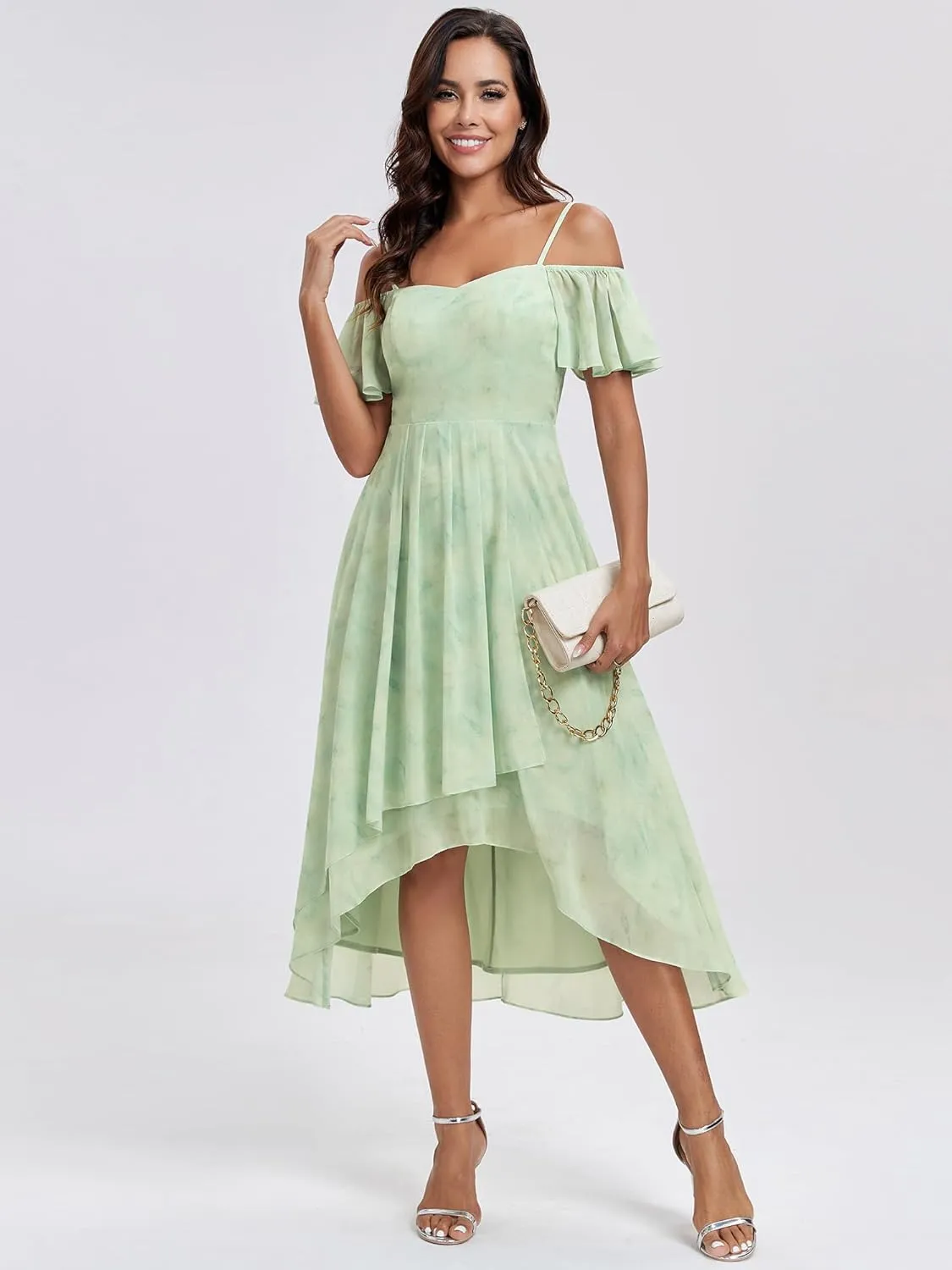 Ever-Pretty Women's Summer Cold Shoulder Hi-Lo Asymmetrical Hem Flowy Chiffon Short Wedding Guest Dress 02103