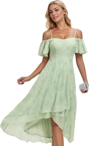 Ever-Pretty Women's Summer Cold Shoulder Hi-Lo Asymmetrical Hem Flowy Chiffon Short Wedding Guest Dress 02103