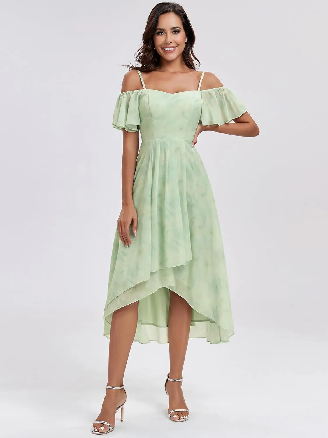 Ever-Pretty Women's Summer Cold Shoulder Hi-Lo Asymmetrical Hem Flowy Chiffon Short Wedding Guest Dress 02103