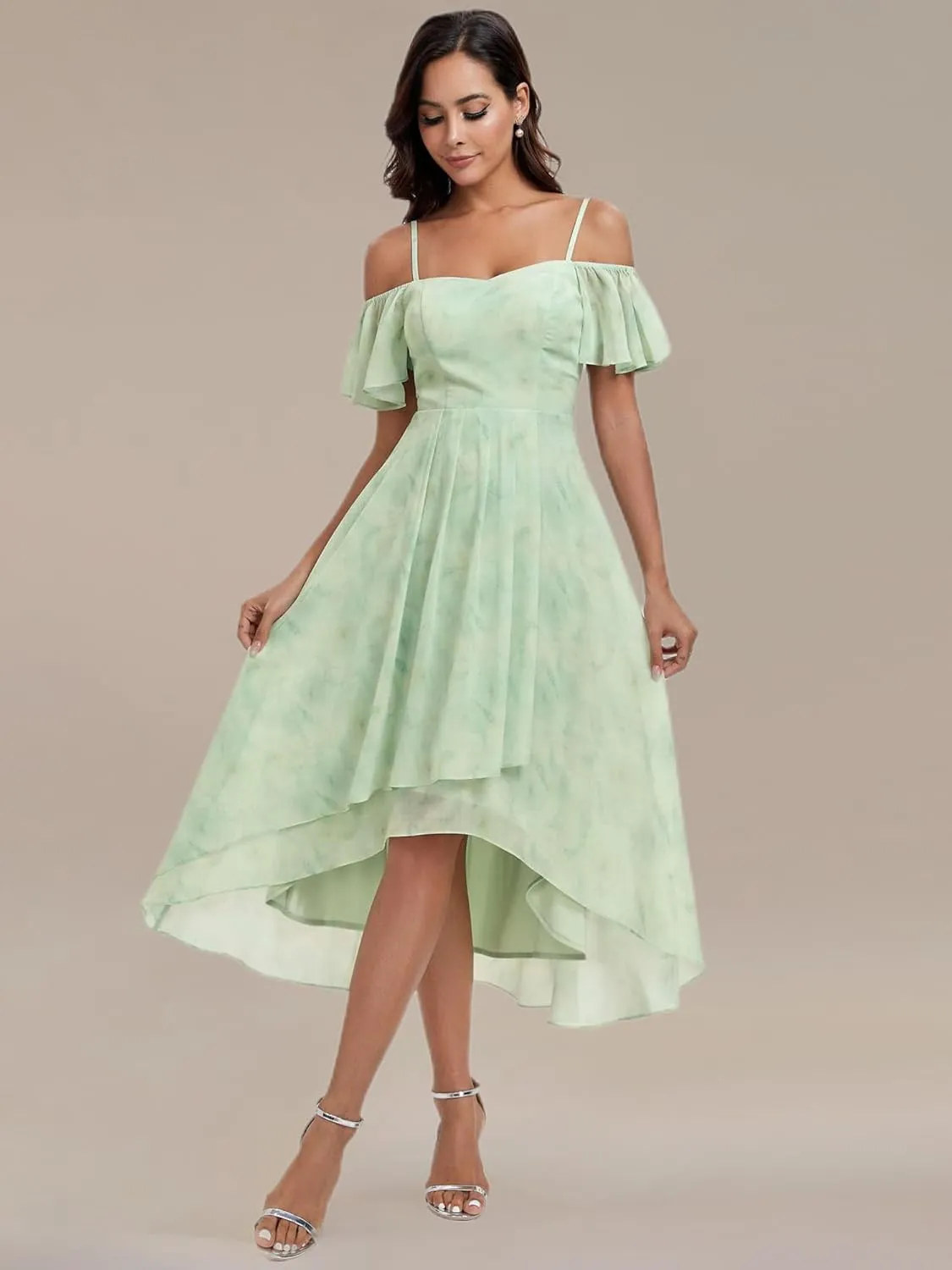 Ever-Pretty Women's Summer Cold Shoulder Hi-Lo Asymmetrical Hem Flowy Chiffon Short Wedding Guest Dress 02103