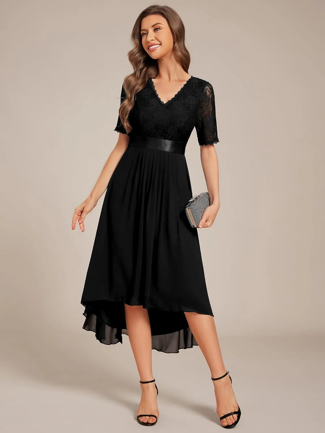 Ever-Pretty Women's V Neck Lace Chiffon Half Sleeves A Line Hi-Lo Wedding Guest Dresses 04489