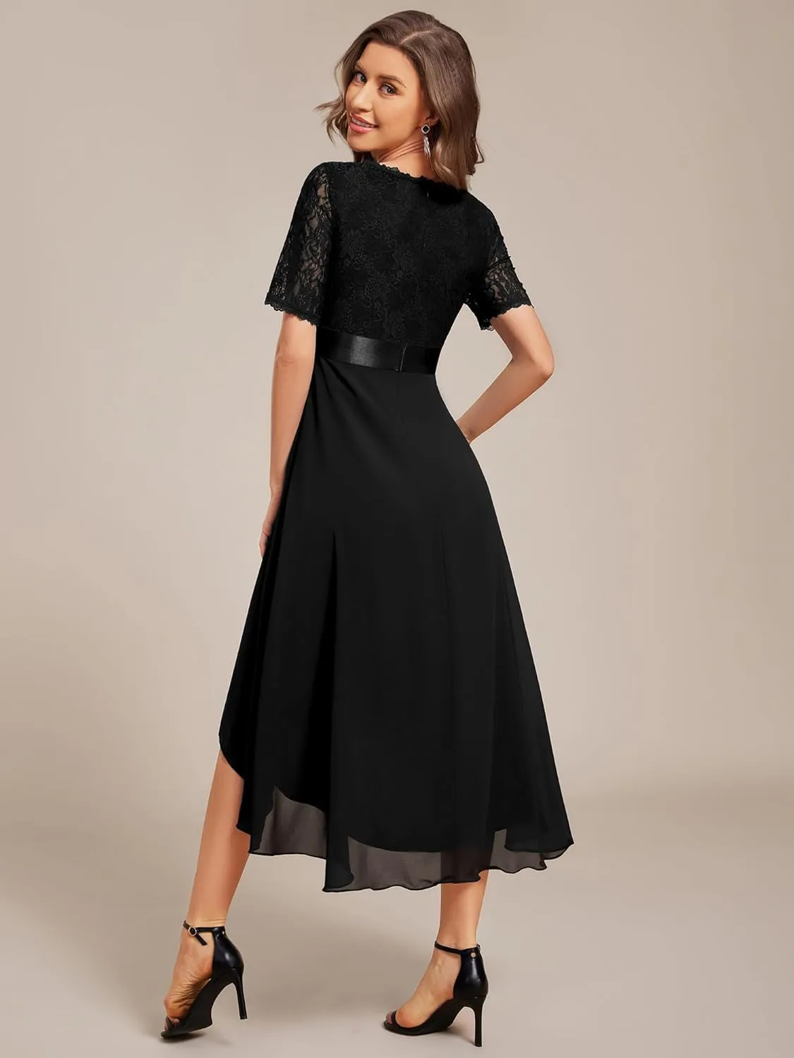 Ever-Pretty Women's V Neck Lace Chiffon Half Sleeves A Line Hi-Lo Wedding Guest Dresses 04489