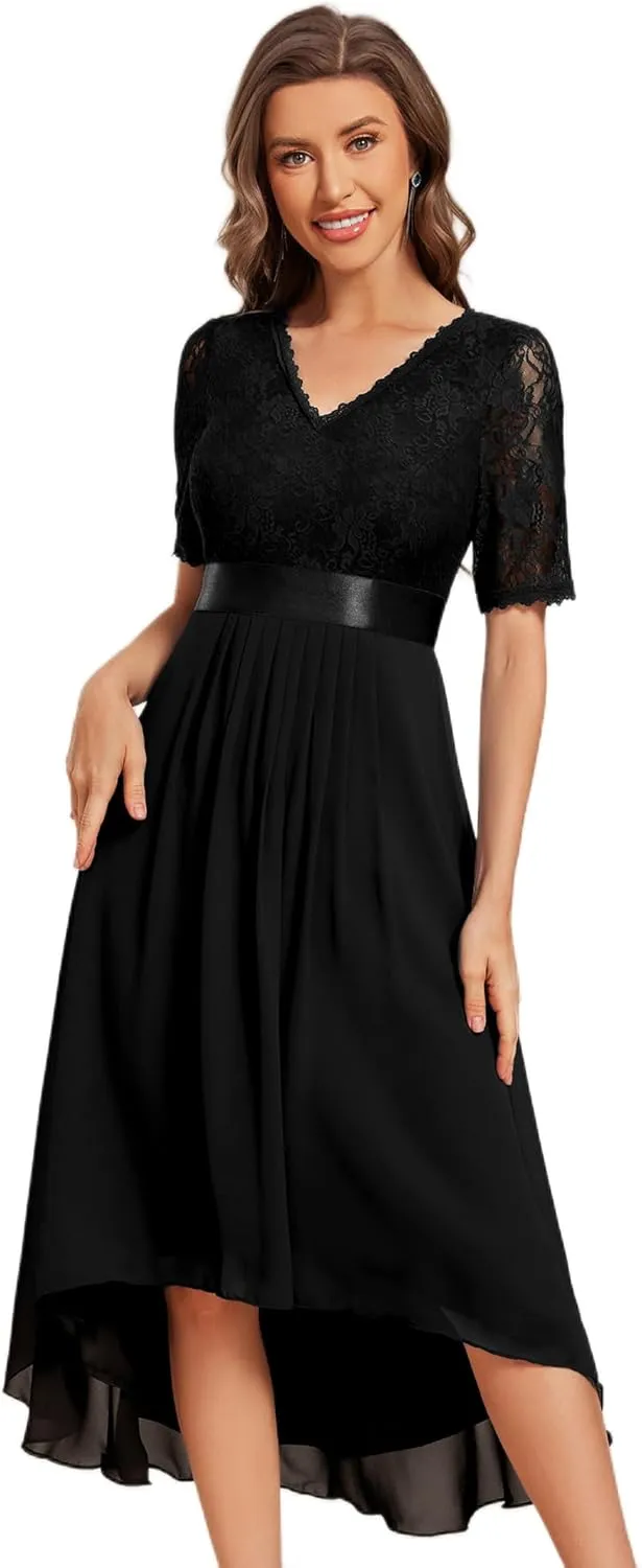 Ever-Pretty Women's V Neck Lace Chiffon Half Sleeves A Line Hi-Lo Wedding Guest Dresses 04489