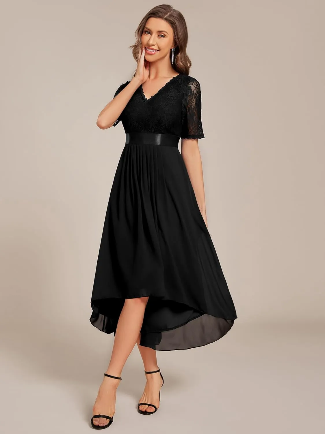 Ever-Pretty Women's V Neck Lace Chiffon Half Sleeves A Line Hi-Lo Wedding Guest Dresses 04489