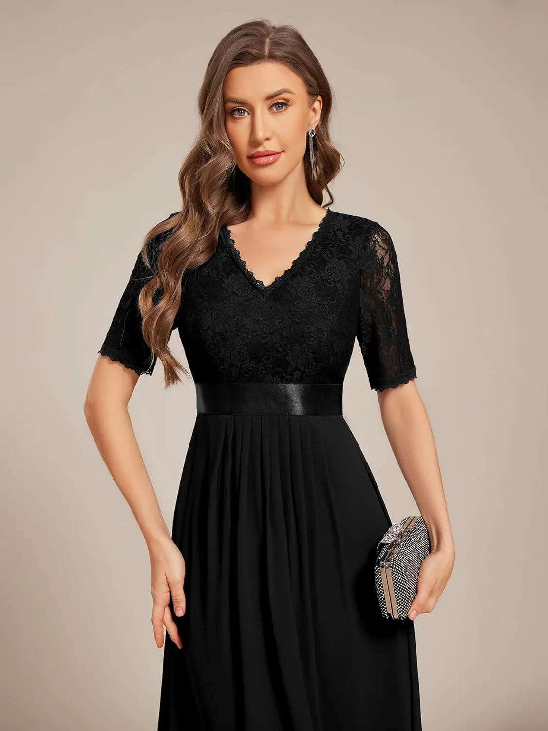 Ever-Pretty Women's V Neck Lace Chiffon Half Sleeves A Line Hi-Lo Wedding Guest Dresses 04489