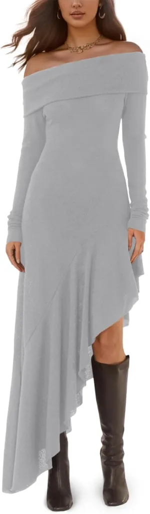 Fisoew Women's Off The Shoulder Long Sleeve Maxi Dress Fall Casual Ruffle Irregular Hem Wedding Guest Dresses