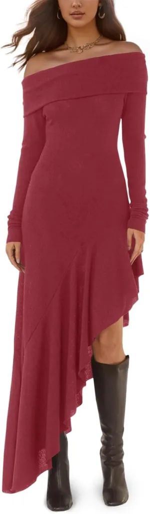 Fisoew Women's Off The Shoulder Long Sleeve Maxi Dress Fall Casual Ruffle Irregular Hem Wedding Guest Dresses