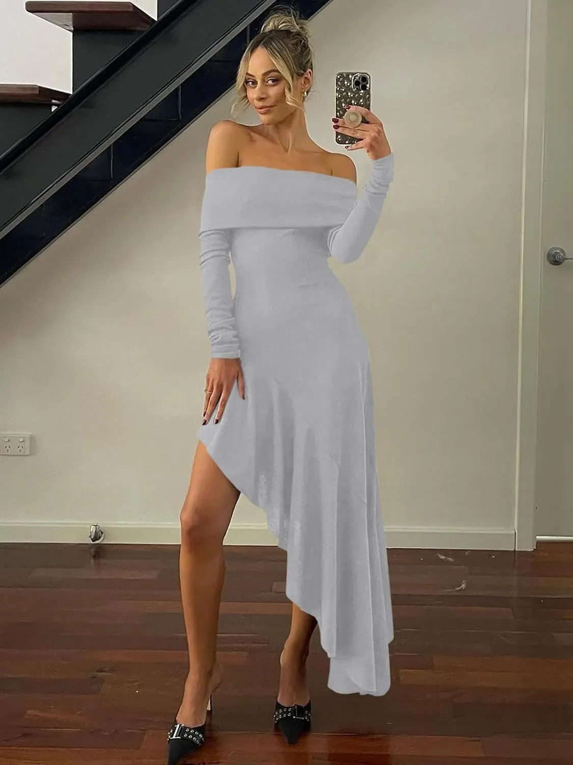 Fisoew Women's Off The Shoulder Long Sleeve Maxi Dress Fall Casual Ruffle Irregular Hem Wedding Guest Dresses